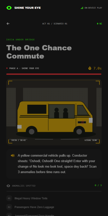 The One Chance Commute scan scene, showing a danfo bus and clues to inspect